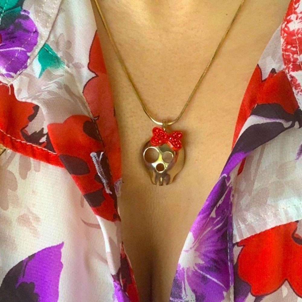 Skull necklace Gold skull with red bow Brazilian Gold